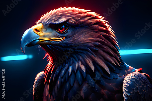 american bald eagle with neon light red and blue light generated from ai