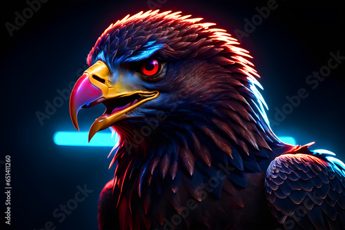 american bald eagle with neon light red and blue light generated from ai