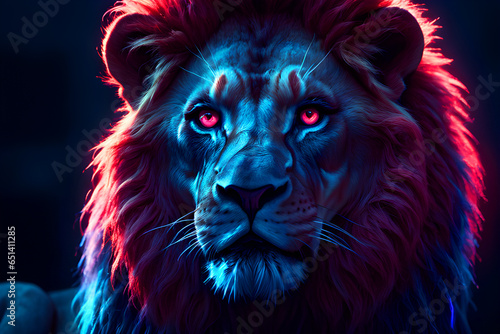 portrait of a lion with neon light, generated from ai