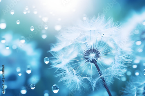 Dandelion with droplets of rain water on blue and turquoise beautiful background with soft focus in nature macro. Drops of dew sparkle on dandelion in rays of light