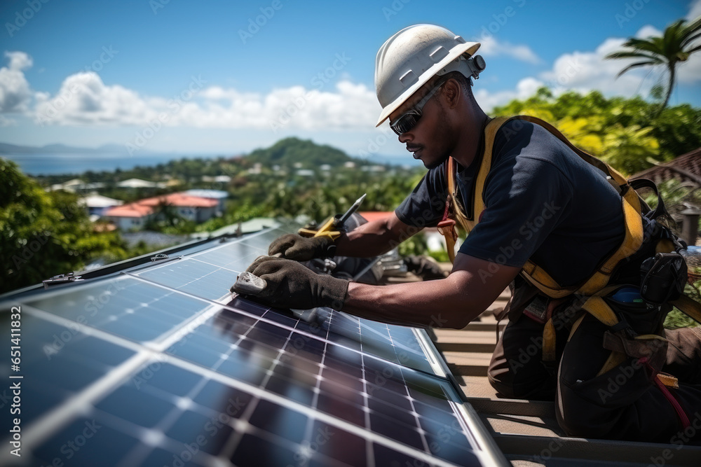 Workers install solar panels on the roof of the house, eco energy, green technologies, sustainable resources Workers install solar panels on the roof of the house, eco energy, green technologies, sustainable resources