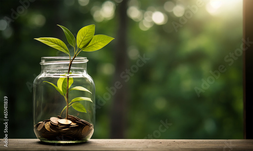 thriving green plant sprouting from a coin-filled jar against a serene natural backdrop