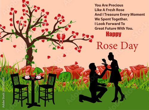 Vector illustration of silhouette boy giving rose to girl on pink background. Rose day, Propose Day concept.
