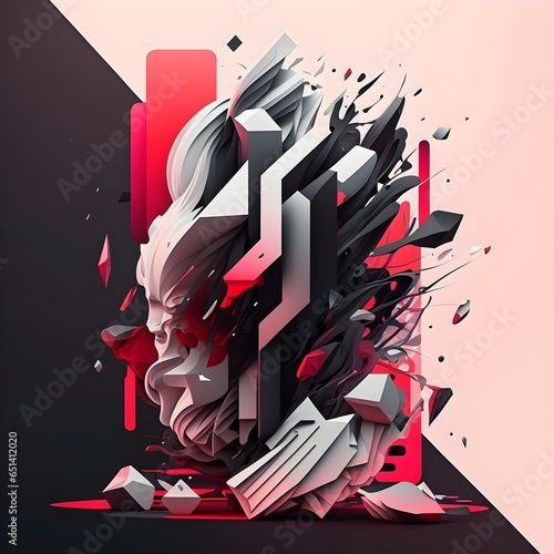 Graphic design background formas forming a character colors minimal chaos geometry blacks white greys redpink reflective pale blue big shapes trending on artstation fine details hyper quality  photo