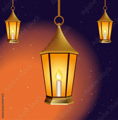 Flat illustration of beautiful hanging illuminated lantern on shiny colorful background.
