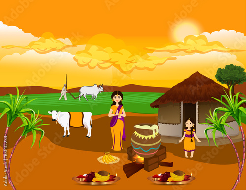 Vector illustration poster of Happy Pongal harvest festival of Tamil Nadu.
