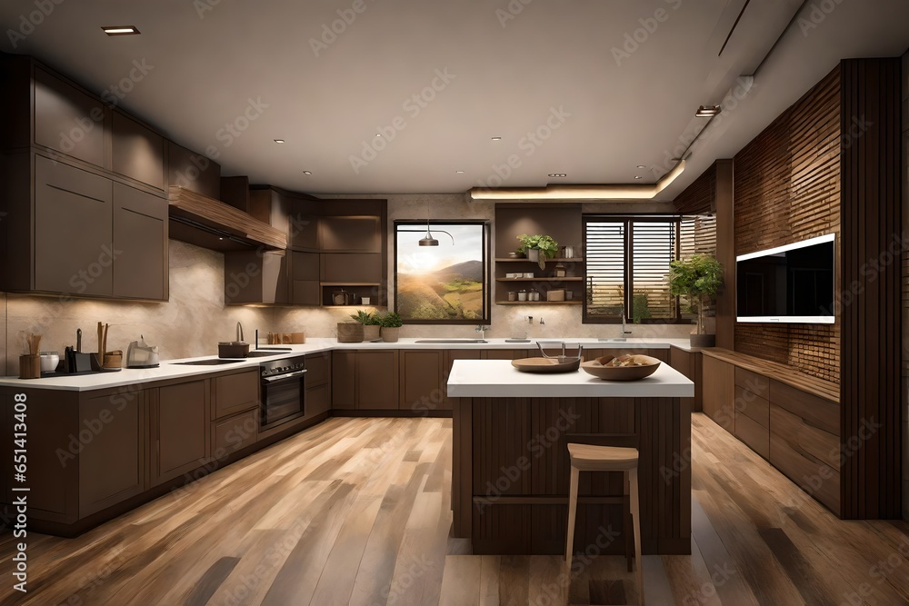  luxury kitchen on right side, with beautiful LED TV on the wall of front is on, with full brown background,the window