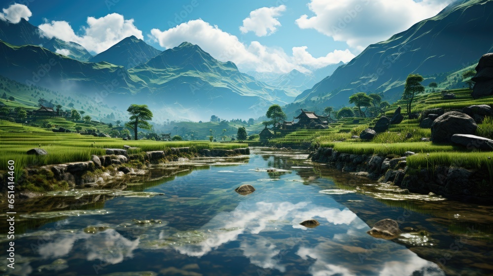 a tranquil scene of a reflective river running through terraced rice fields with mountains in the distance under a partly cloudy sky.
