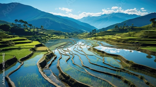 placid waters of rice paddies, contours, capture the sky's brilliance, creating harmony. This melody is complemented by the rhythmic pattern of terraces, leading the gaze towards majestic mountain