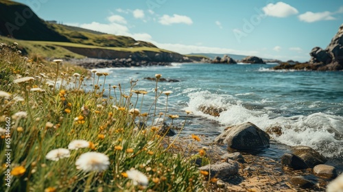 a stunning seaside landscape showcasing golden and white wildflowers along the rugged coastline with dynamic waves hitting the shore under a bright sky.
