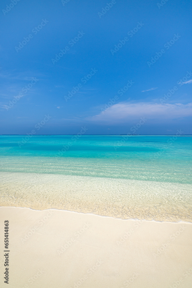 Closeup of sea waves beach blue summer sky. Panoramic beach landscape. Mediterranean sandy coast seascape. Blue sky inspire calm tranquil relaxing sunlight. Travel destination, popular vacation banner