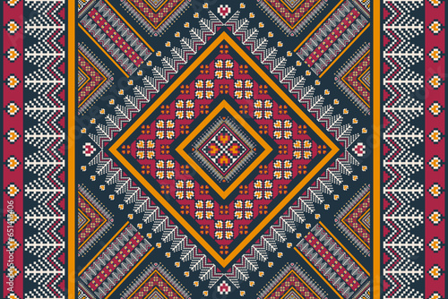 Colorful embroidery ethnic geometric pattern. Vector geometric floral shape seamless pattern pixel art style. Ethnic geometric stitch pattern use for textile, border, wallpaper, cushion, carpet, etc.