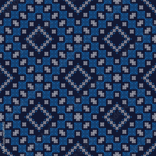 Blue color Palestinian embroidery geometric pattern. Vector ethnic geometric square shape seamless pattern pixel art style. Ethnic embroidery pattern use for textile, home decoration elements, etc.