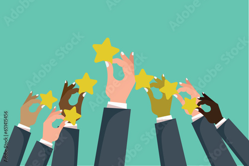 Hands rise to the top of the star on a green background. Feedback recognition