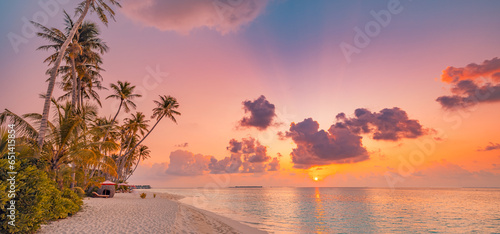 Majestic closeup view of calm sea water waves. Panoramic orange sunrise sunset sunlight. Tropical island beach landscape  exotic coast. Summer vacation  holiday amazing nature scenic. Relax paradise