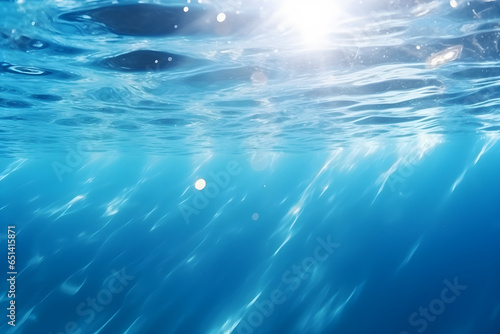 Beautiful light reflections in a crystal clear transparent water surface in a blue hue is a beautiful background image with space for text © sam