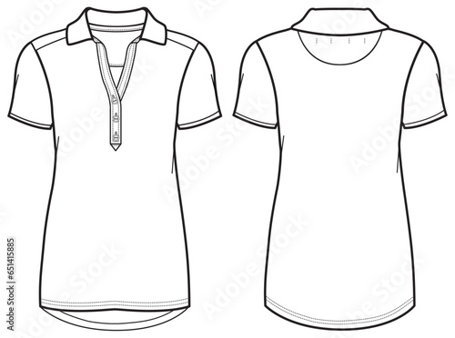 Women's polo collar T Shirt flat sketch fashion illustration drawing template mock up with front and back view