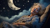 older woman sleep at night on cloud, relax concept lullaby 