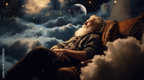 older man sleep at night on cloud, relax concept lullaby  photo