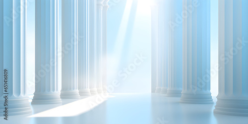 Beautiful airy widescreen minimalistic white and light blue architectural background banner with marble columns