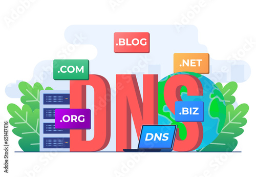 Domain name system concept flat illustration vector template, DNS, Website domain name, Internet or cyberspace, Domain registration web page, Choose, find, buy, register website domain name
