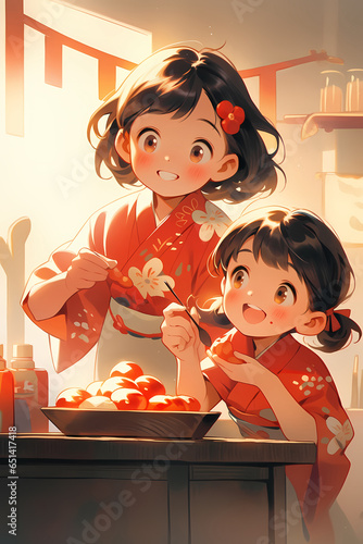 Spring Festival New Year Chinese New Year's Eve New Year's Day, children eating food illustrations photo