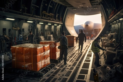Military air base. Loading works. Military supply system for modern military operations. Process of unloading and redistributing ammunition and weapons for modern warfare.