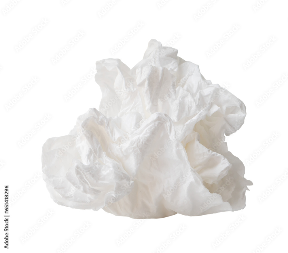 Single screwed or crumpled tissue paper or napkin in strange shape after use in toilet or restroom isolated on white background with clipping path in png file format
