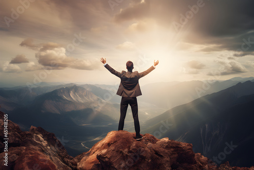 Excited young businessman jumping keeping arms raised hiking the mountain peak - Celebrating success, winner and leader concept