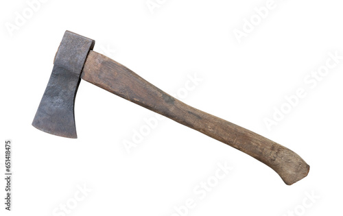 Old rust dirty dark gray axe with brown wooden handle isolated on white background with clipping path