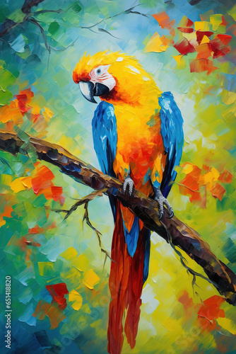 Image of colorful macaw parrot sticking on the tree branches. Birds, Wildlife Animals, Generative AI, Illustration. © yod67