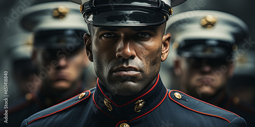 A US Marine stands in front of other soldiers in full dress uniform. Close-up
