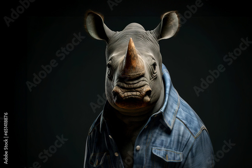 Image of of a rhinoceros dressed in jeans shirts on clean background. Fashion  Wildlife Animals  Generative AI  Illustration.