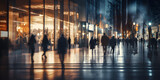 Blurred background of a modern street at night. pedestrians walking on sidewalk, motion blur, reflections, lights, Abstract motion blurred pedestrians