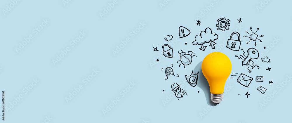 Fototapeta premium Cyber Security theme drawing with a light bulb - Flat lay