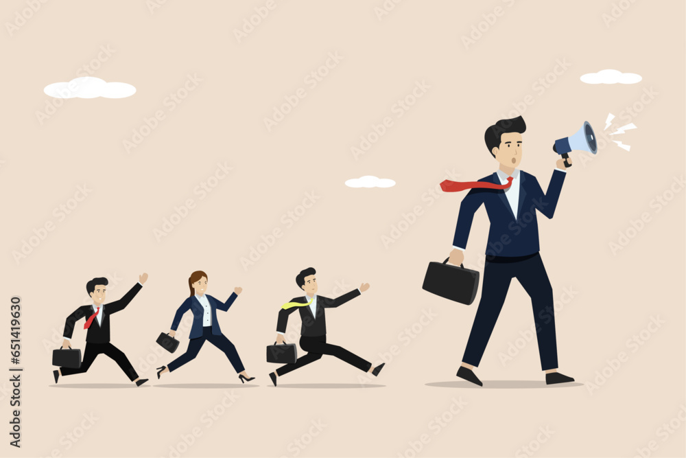 Fototapeta premium Leadership for team direction, leading the team to achieve goals, motivating employees, entrepreneur leading employees to progress towards success. Illustration of a successful businessman.