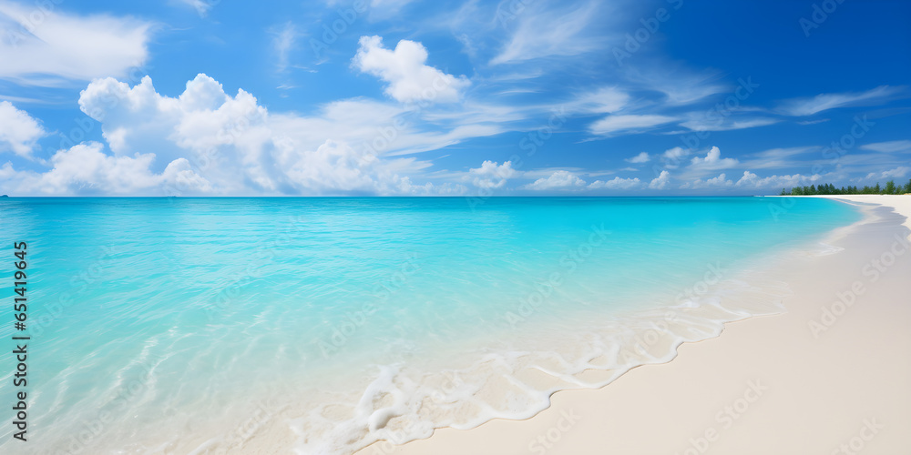 Fototapeta premium Beautiful sandy beach with white sand and rolling calm wave of turquoise ocean on Sunny day on background white clouds in blue sky. Island in Maldives, colourful perfect panoramic natural landscape