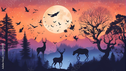 Silhouette of animals in the forest