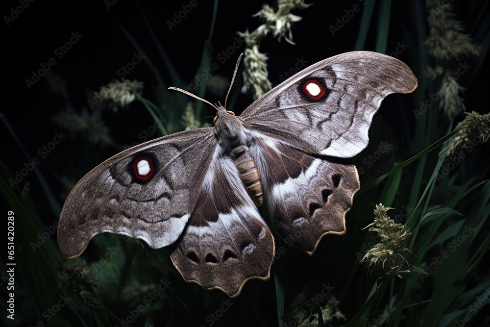 A close up of a moth on a plant. Generative AI. - obrazy, fototapety, plakaty 
