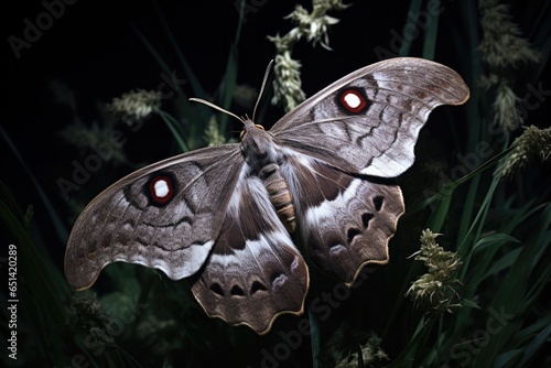 A close up of a moth on a plant. Generative AI. photo