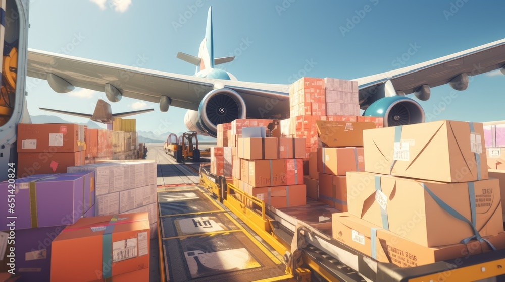 Large boxes of goods are loaded onto transport planes, international freight transport
