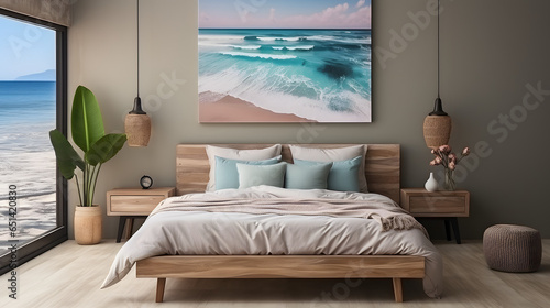 Coastal style interior design of modern bedroom with empty mock up poster frame photo