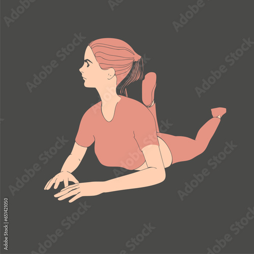 Lying woman. Sport girl illustration. Casual sportwear - t-shirt, breeches and sneakers. Young woman wearing workout clothes. Sport fashion girl outline in urban casual style.