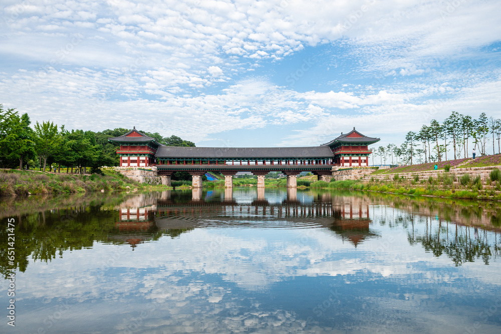 views of Woljeonggyo wooden bridge in gyoengju, south korea