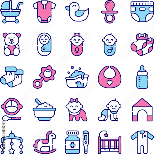 Baby and Kid icon set in colored line style design