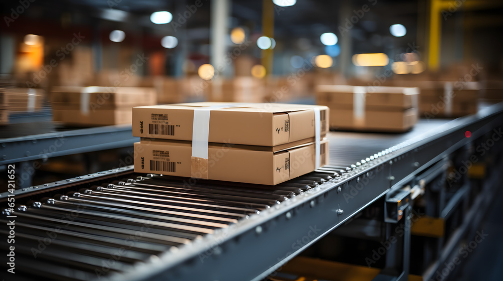 Conveyor with boxes for delivery in automated warehouse. Cardboard parcels on production line. Distribution center with boxes Conveyor with boxes for delivery in automated warehouse. Cardboard parcels on production line. Distribution center with boxes