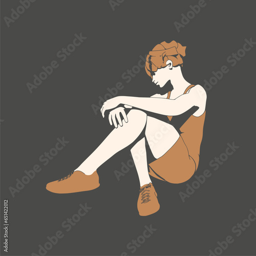 Beautiful woman resting after exercise. Sport girl illustration. Young woman wearing workout clothes. Sport fashion girl outline in urban casual style.