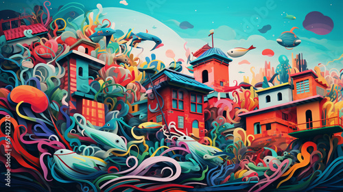 abstract painting filled with colorful and animals on the roof of a house