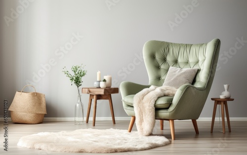 Cozy curved tufted wing chair with pillows in boho interior. Generative AI