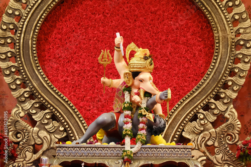 19 September 2023, Pune, Maharashtra, India, Beautiful idol of Lord Ganesh installed by Bhausaheb Rangari Ganpati during Ganesh festival 2023. photo